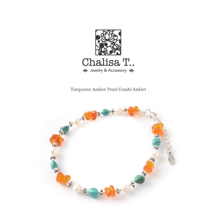 chalisa t .. /绿松石琥珀色珍珠组合脚链