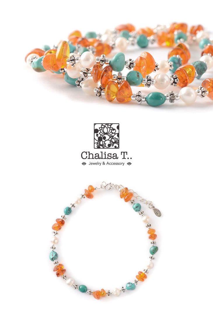 chalisa t .. /绿松石琥珀色珍珠组合脚链