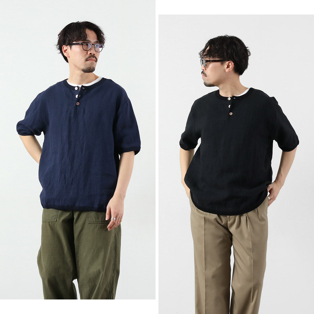 RE MADE IN TOKYO JAPAN / French Linen Henley-Neck T-Shirt