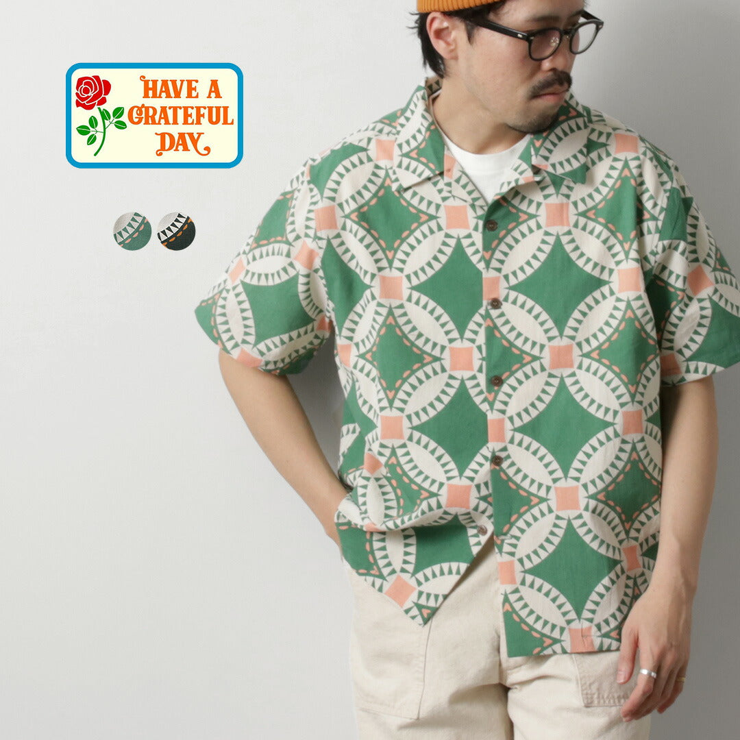 HAVE A GRATEFUL DAY / Open Collar Short Sleeve Shirt Vintage Quilt Print