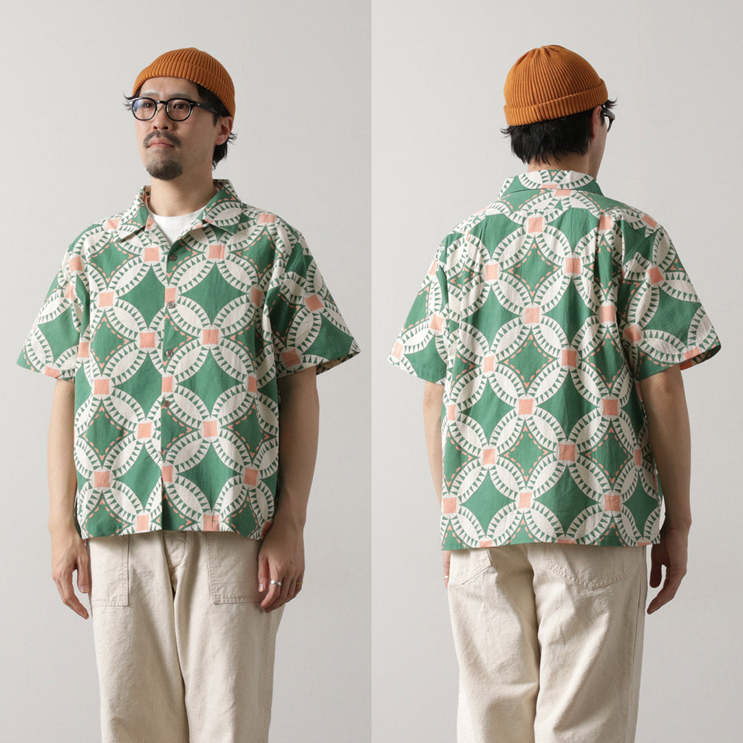 HAVE A GRATEFUL DAY / Open Collar Short Sleeve Shirt Vintage Quilt Print