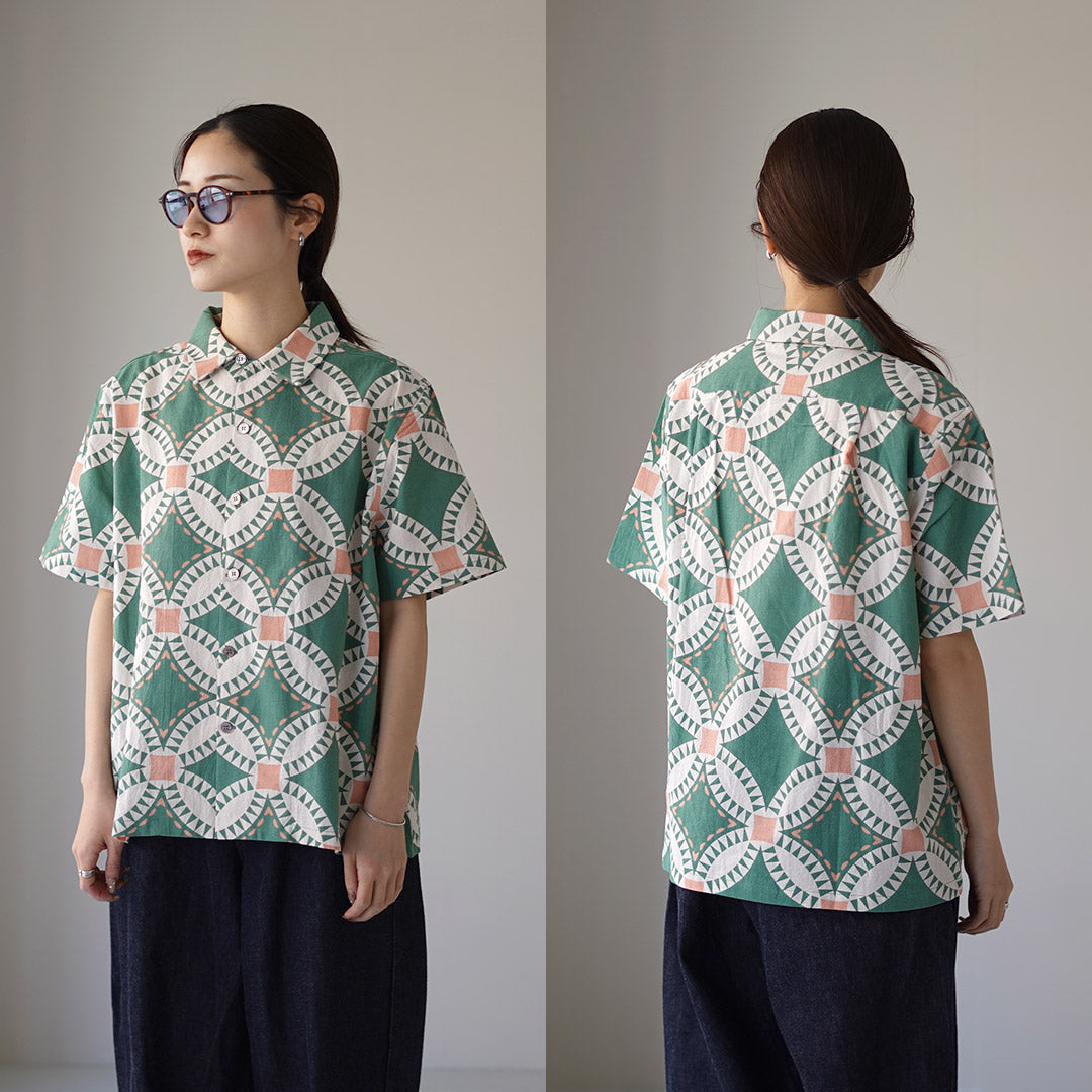 HAVE A GRATEFUL DAY / Open Collar Short Sleeve Shirt Vintage Quilt Print