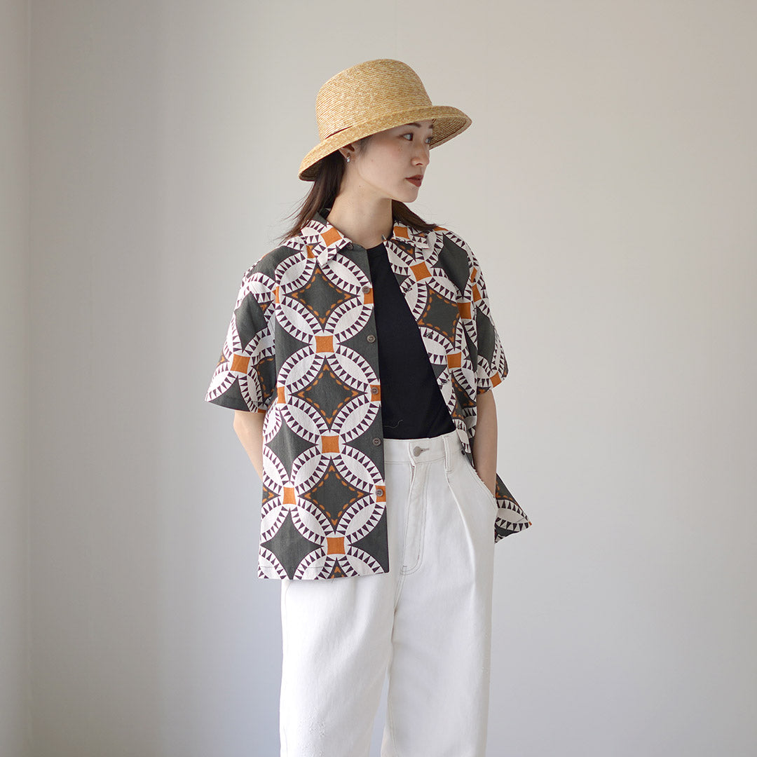 HAVE A GRATEFUL DAY / Open Collar Short Sleeve Shirt Vintage Quilt Print