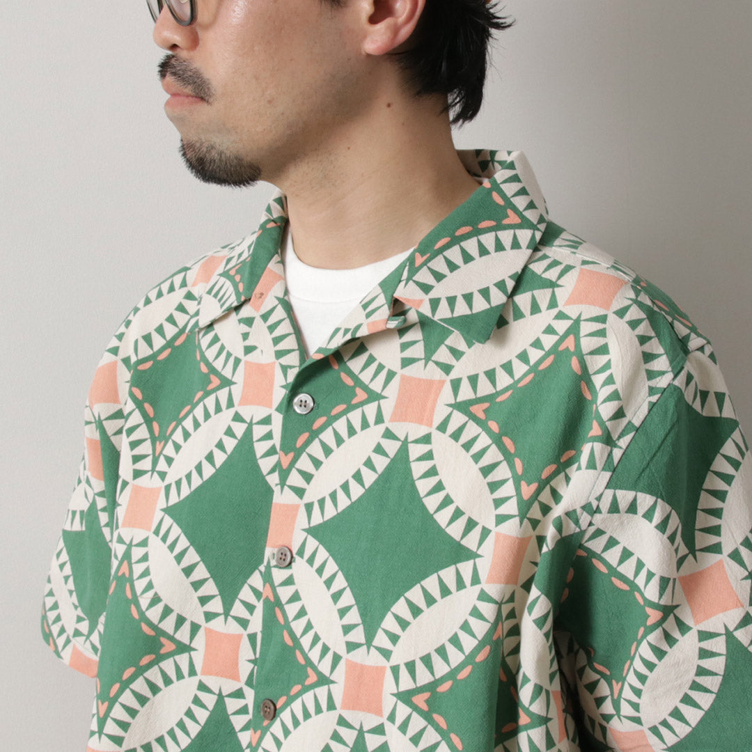 HAVE A GRATEFUL DAY / Open Collar Short Sleeve Shirt Vintage Quilt Print