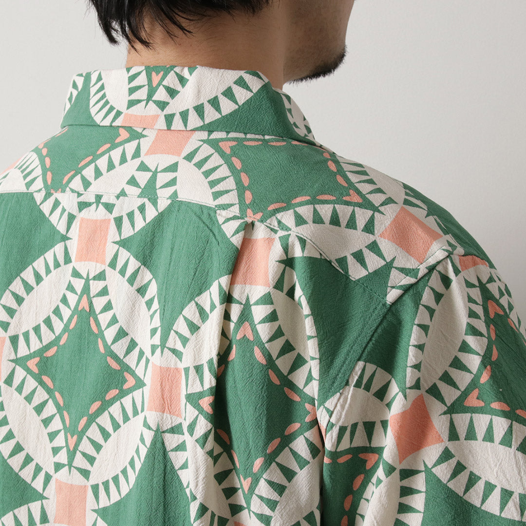 HAVE A GRATEFUL DAY / Open Collar Short Sleeve Shirt Vintage Quilt Print