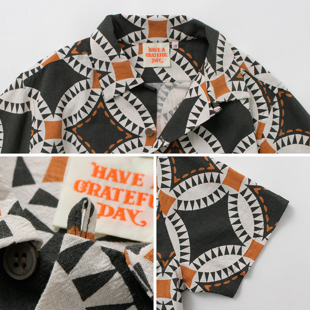 HAVE A GRATEFUL DAY / Open Collar Short Sleeve Shirt Vintage Quilt Print