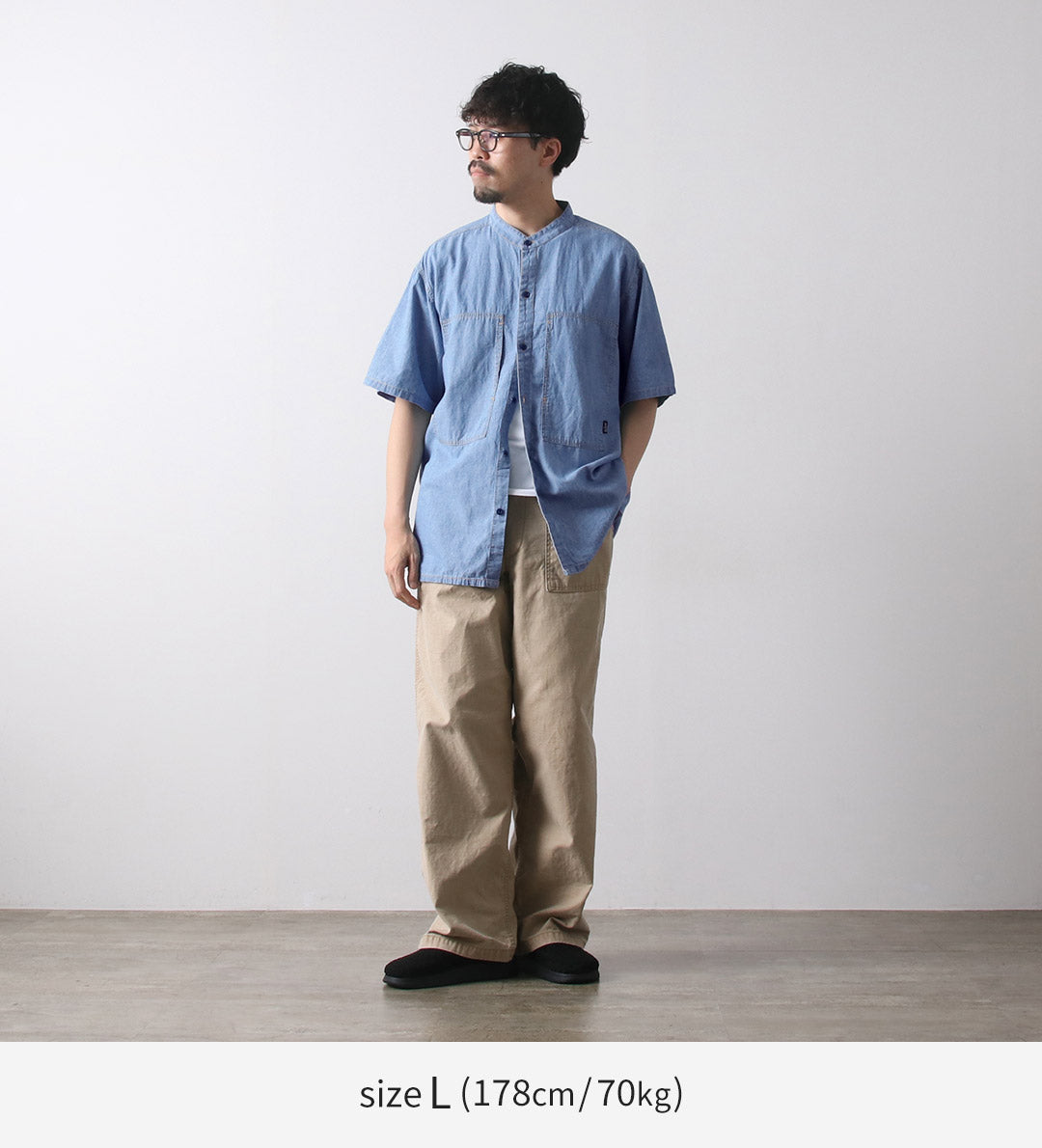 GOHEMP / Hemp Cotton Chambray Work Collarless Shirt