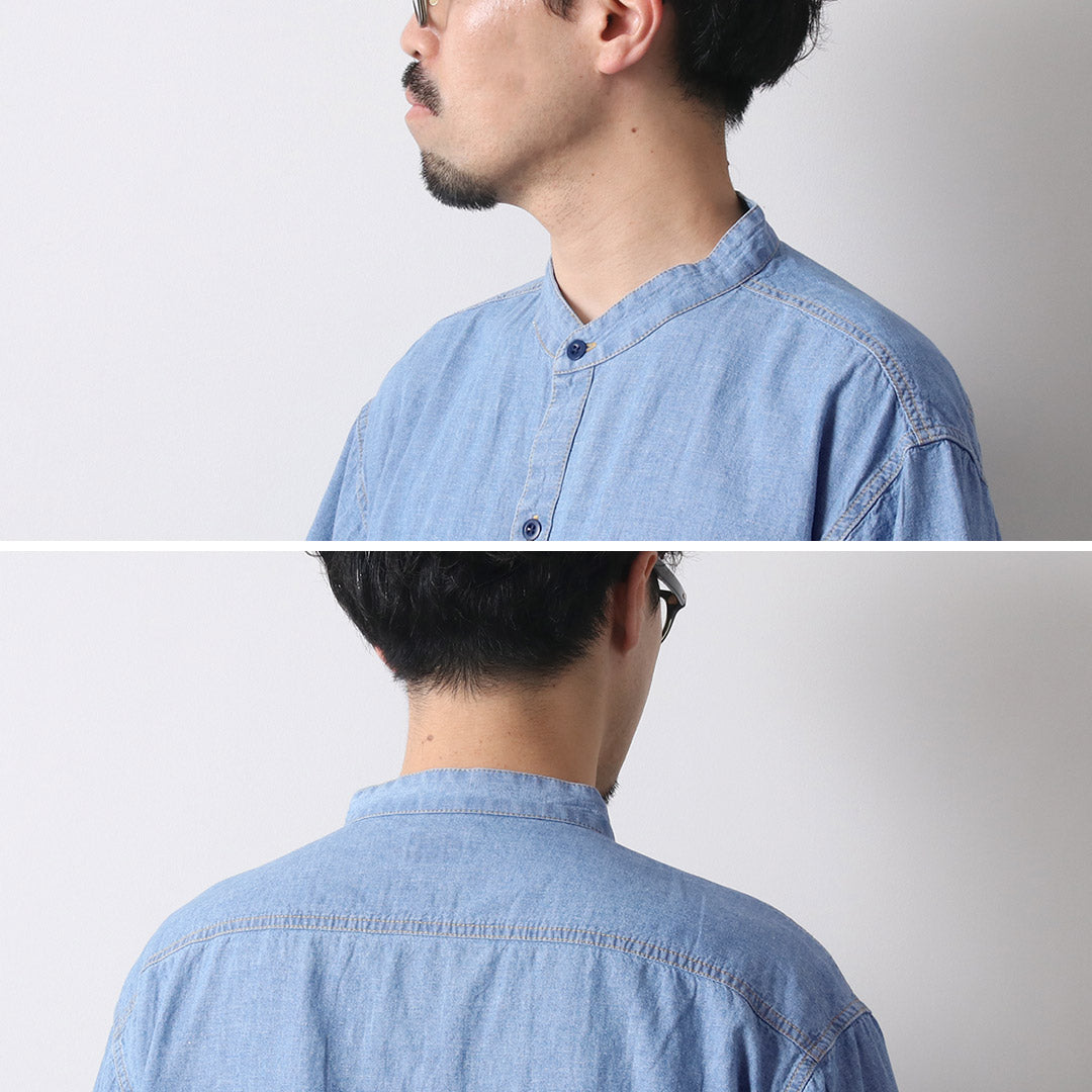 GOHEMP / Hemp Cotton Chambray Work Collarless Shirt