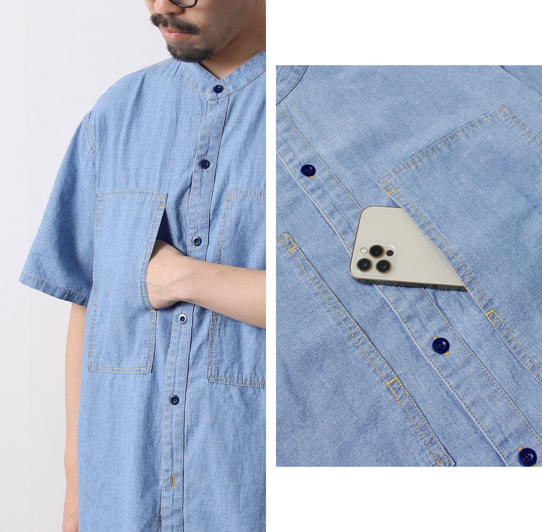 GOHEMP / Hemp Cotton Chambray Work Collarless Shirt