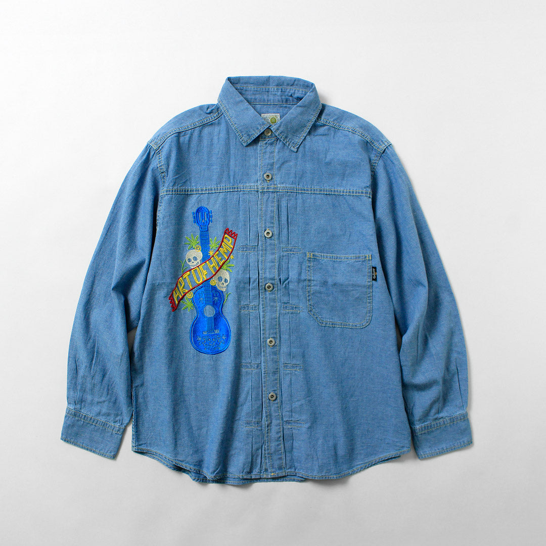 GOHEMP / Chemise de travail plissée brodée Chambray en coton chanvre