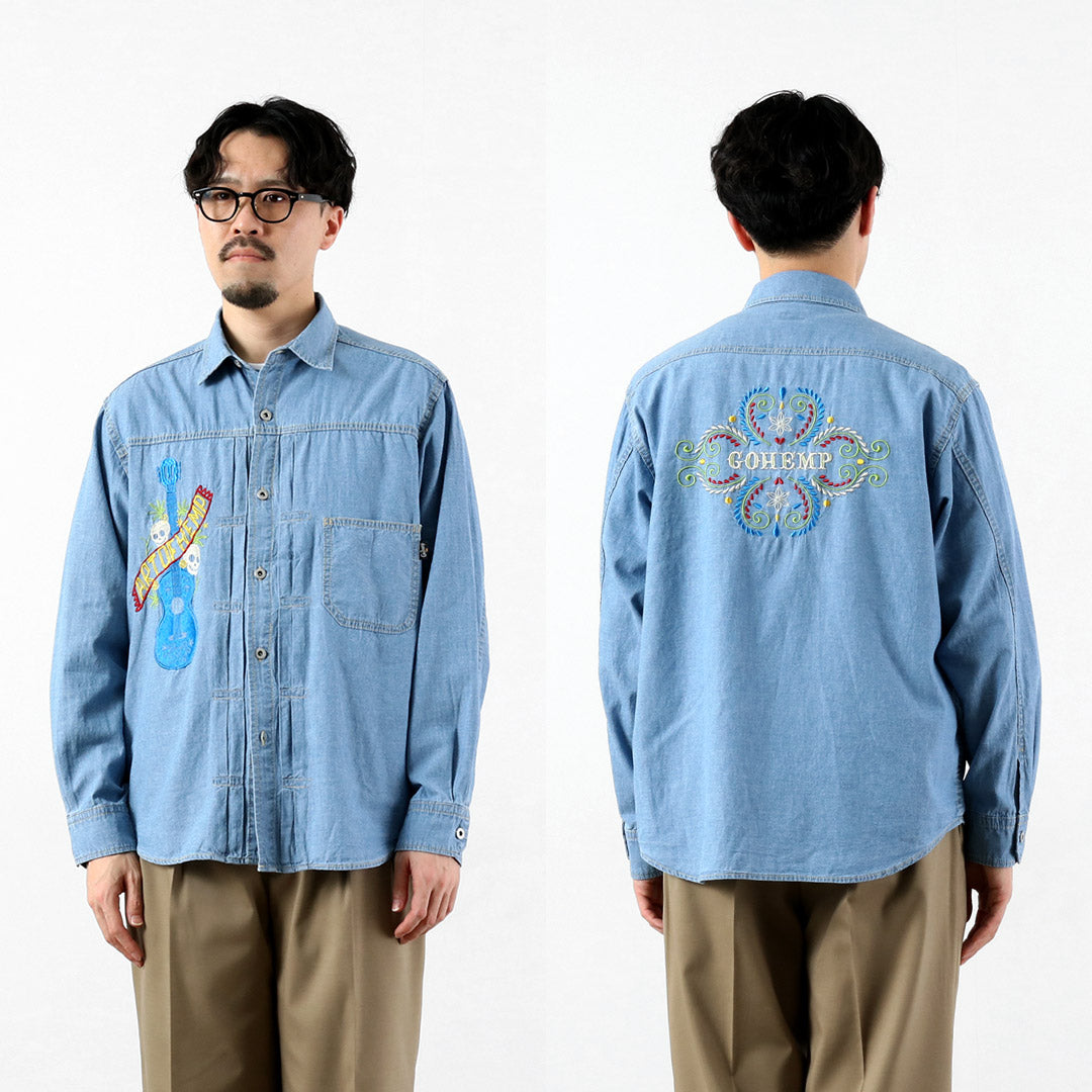 GOHEMP / Chemise de travail plissée brodée Chambray en coton chanvre