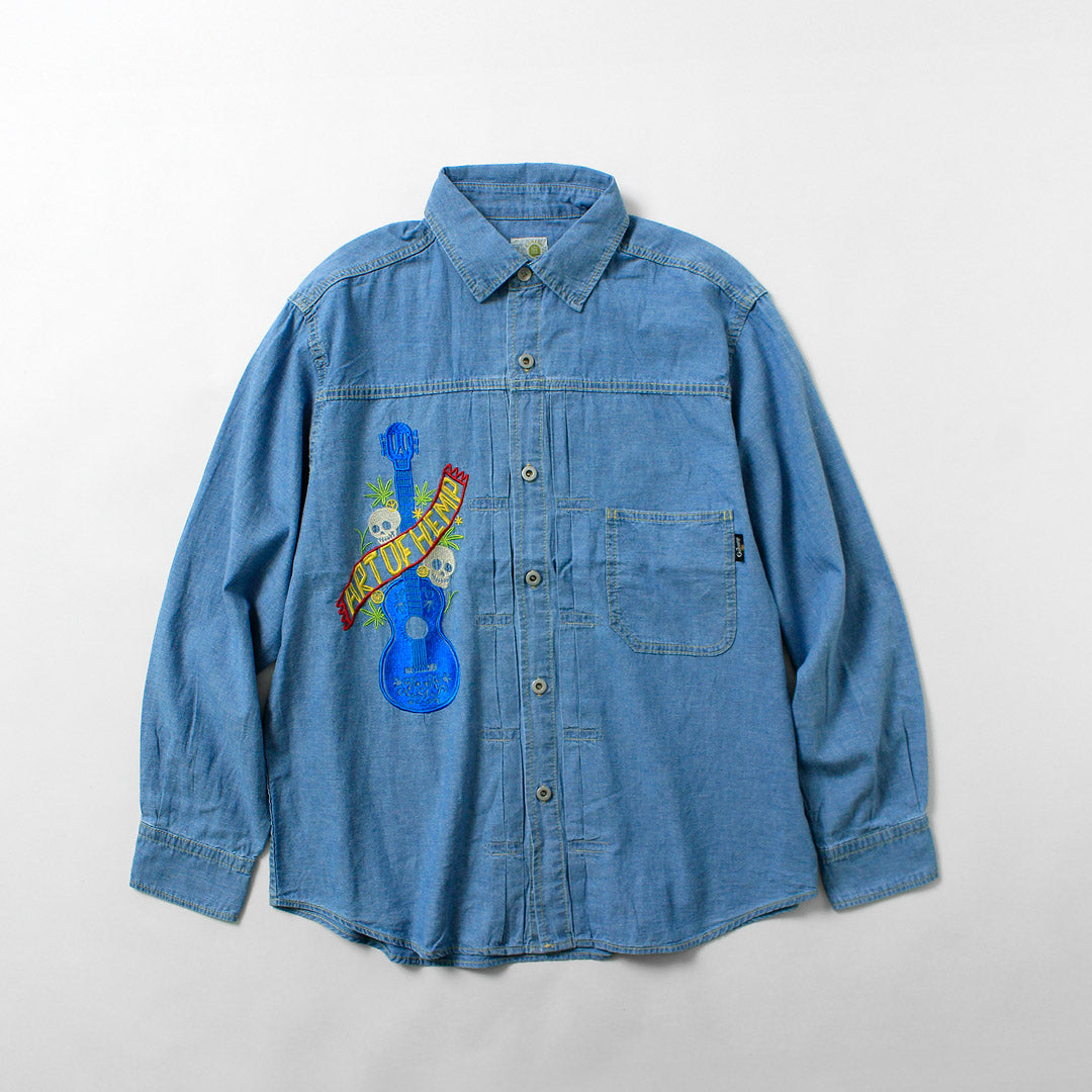 GOHEMP / Chemise de travail plissée brodée Chambray en coton chanvre