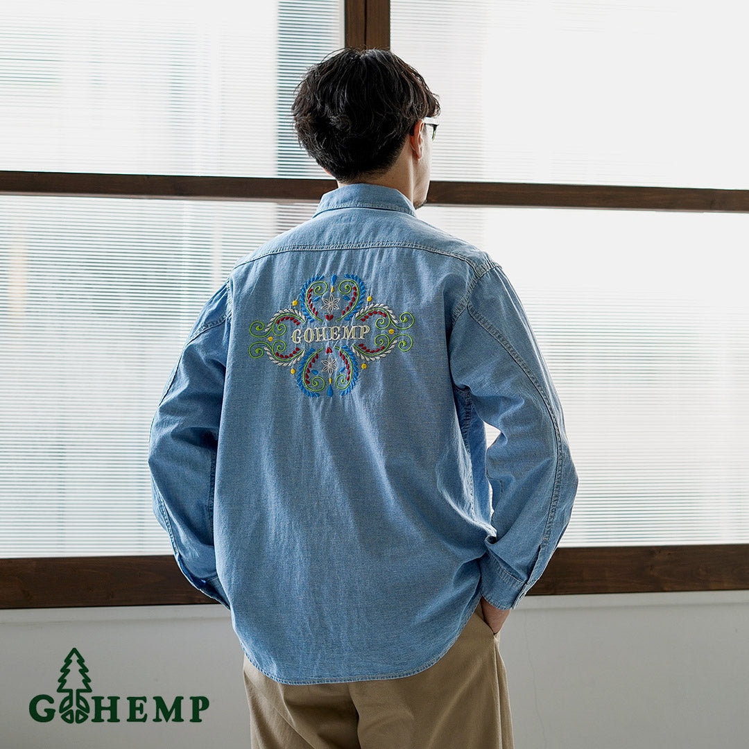 GOHEMP / Chemise de travail plissée brodée Chambray en coton chanvre