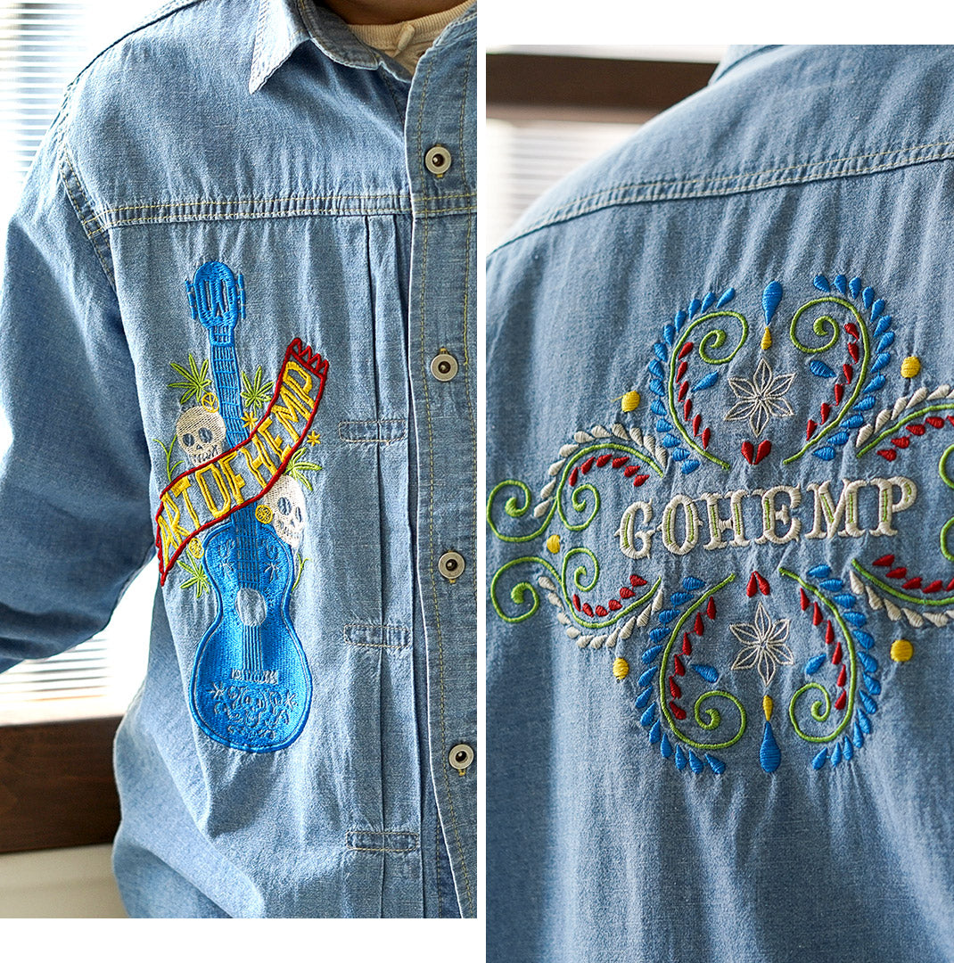 GOHEMP / Chemise de travail plissée brodée Chambray en coton chanvre