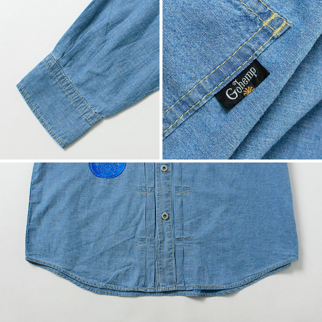 GOHEMP / Chemise de travail plissée brodée Chambray en coton chanvre