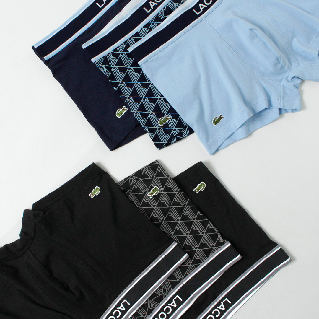 LACOSTE / Monogram and Plain 3-Pack Stretch Cotton Trunks Set