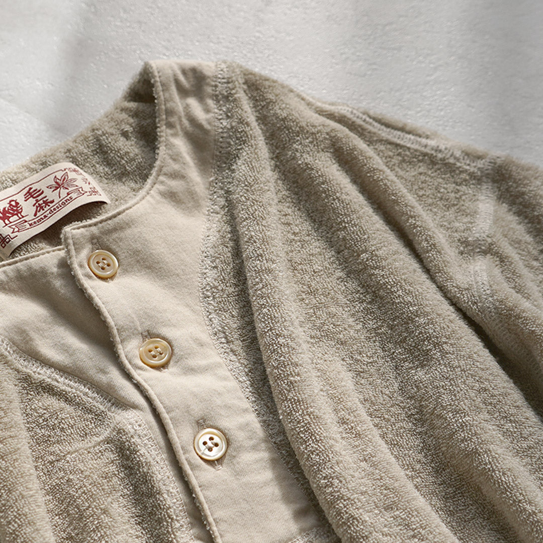 KEMA DESIGNS / 린넨 파일 오프셋 헨리 넥 티셔츠