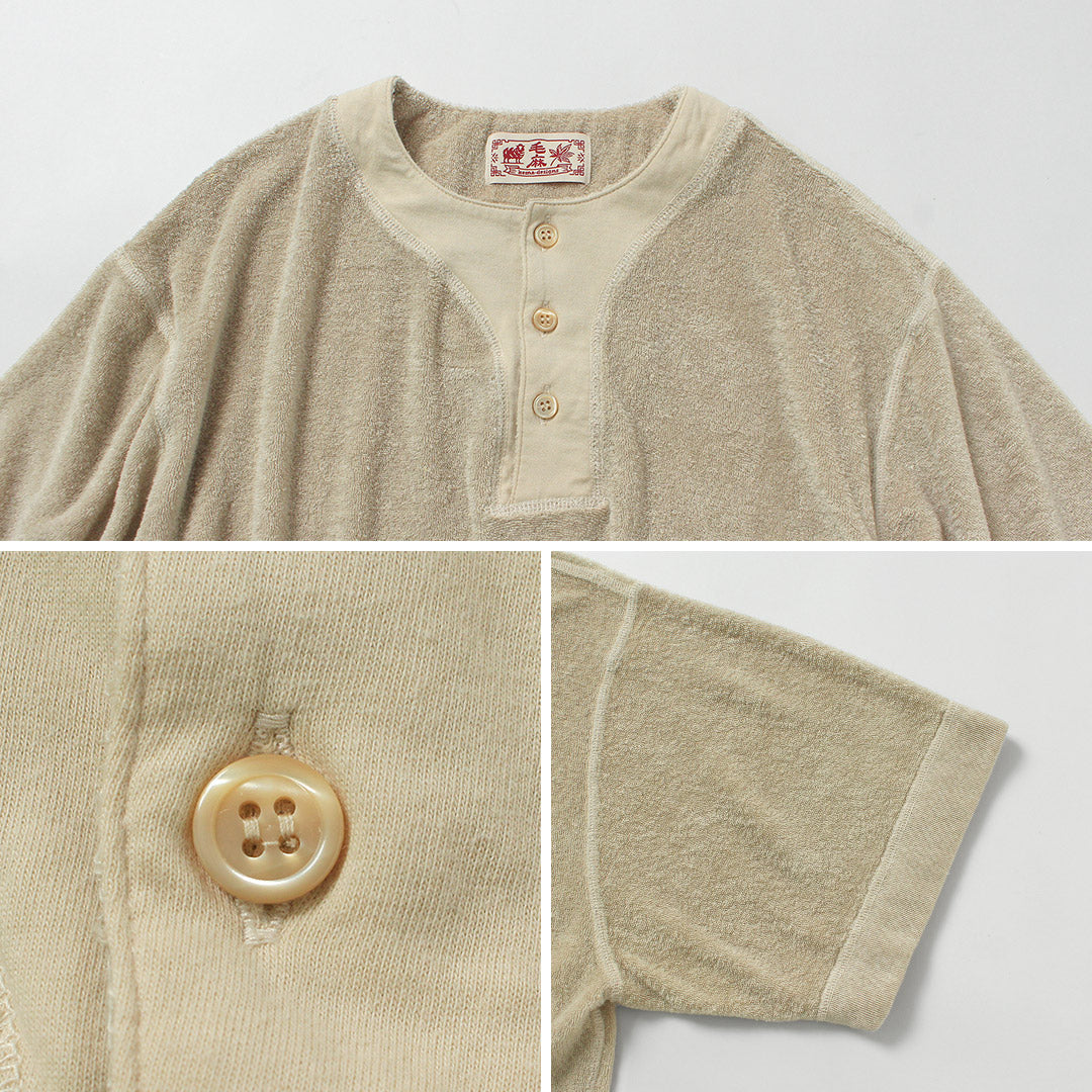 KEMA DESIGNS / 린넨 파일 오프셋 헨리 넥 티셔츠