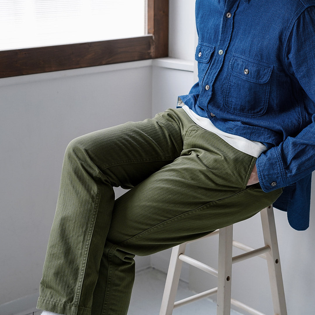 藍色再生布料/人字紋寬錐形復古長褲