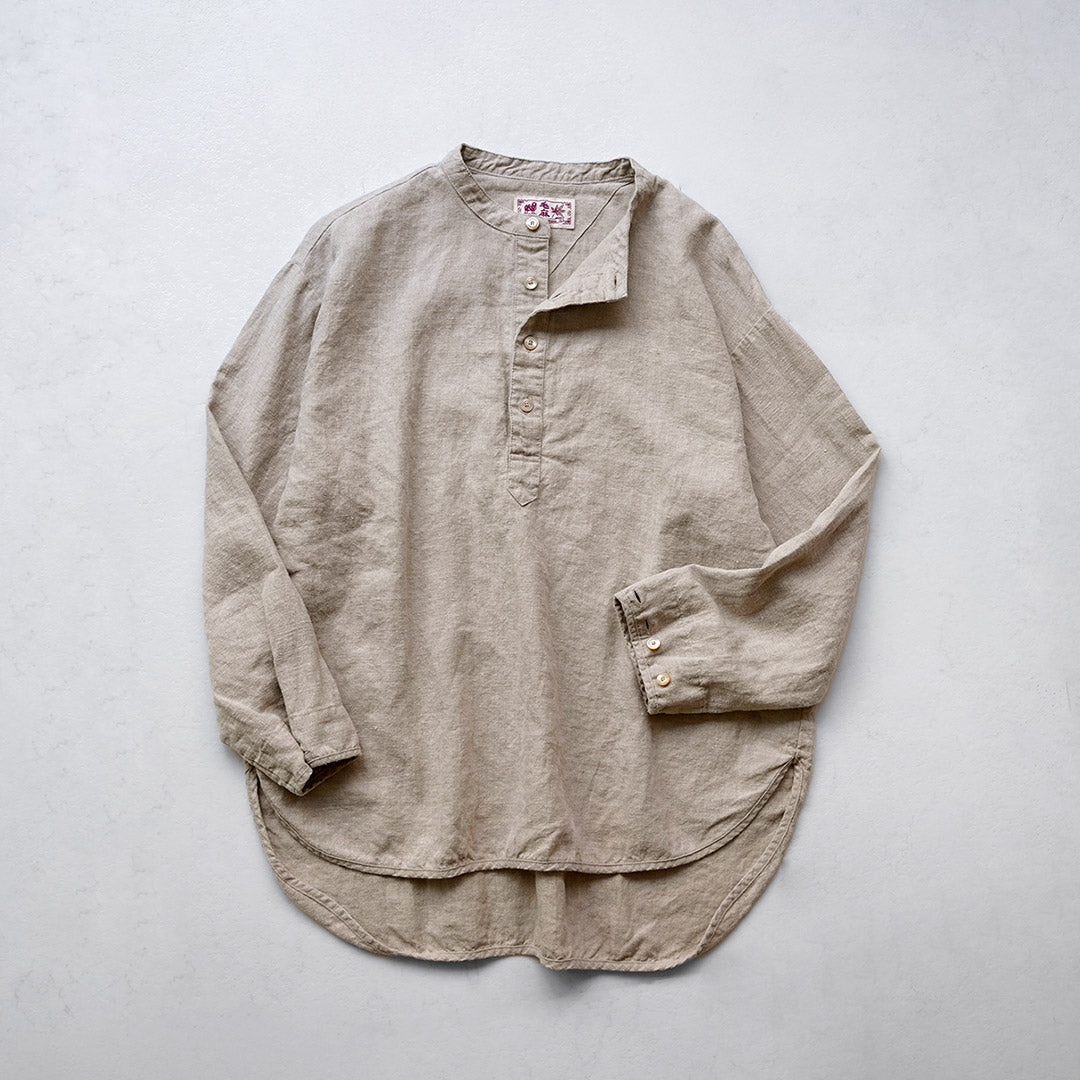 KEMA DESIGNS / Brushed Linen Henley Neck L/S Woven T-Shirt