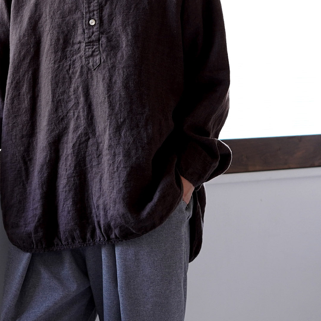 KEMA DESIGNS / Brushed Linen Henley Neck L/S Woven T-Shirt