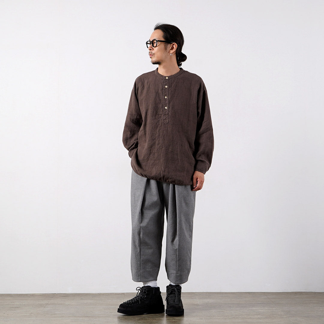 KEMA DESIGNS / Brushed Linen Henley Neck L/S Woven T-Shirt