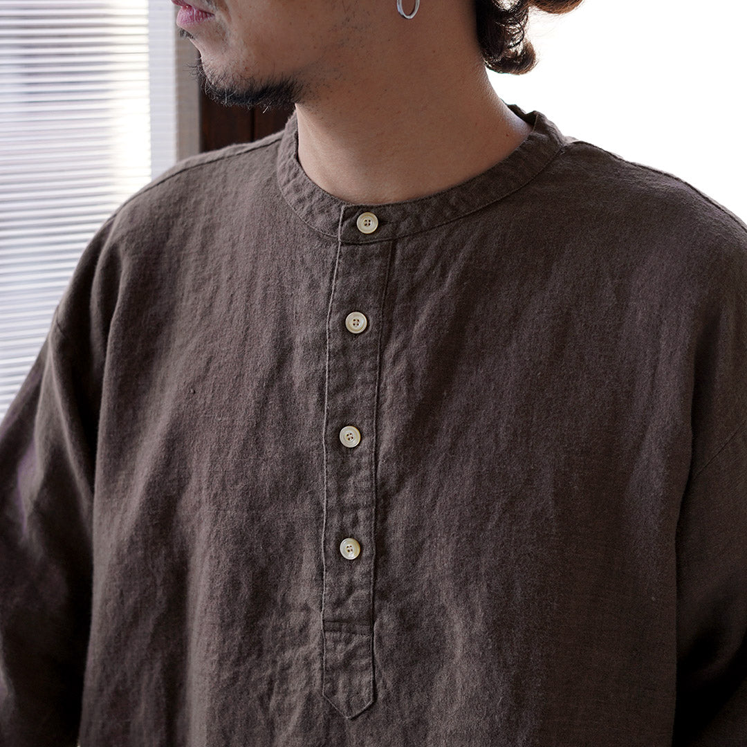 KEMA DESIGNS / Brushed Linen Henley Neck L/S Woven T-Shirt
