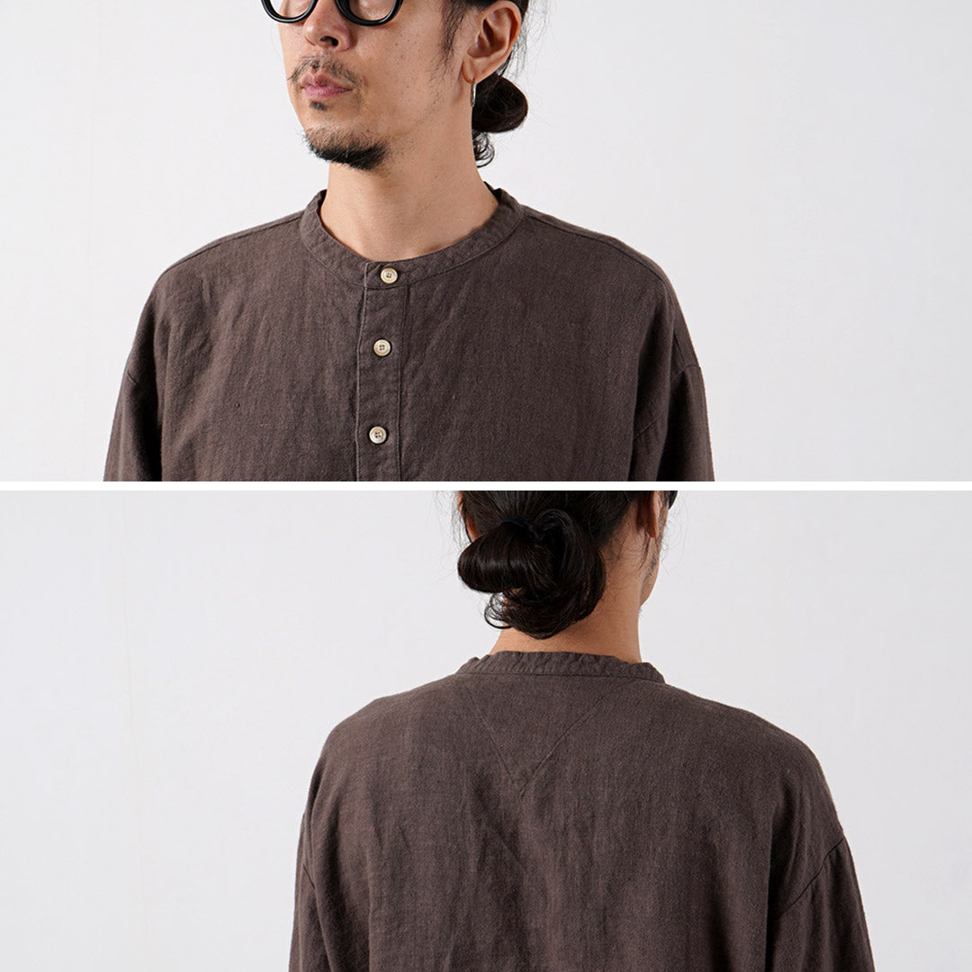 KEMA DESIGNS / Brushed Linen Henley Neck L/S Woven T-Shirt