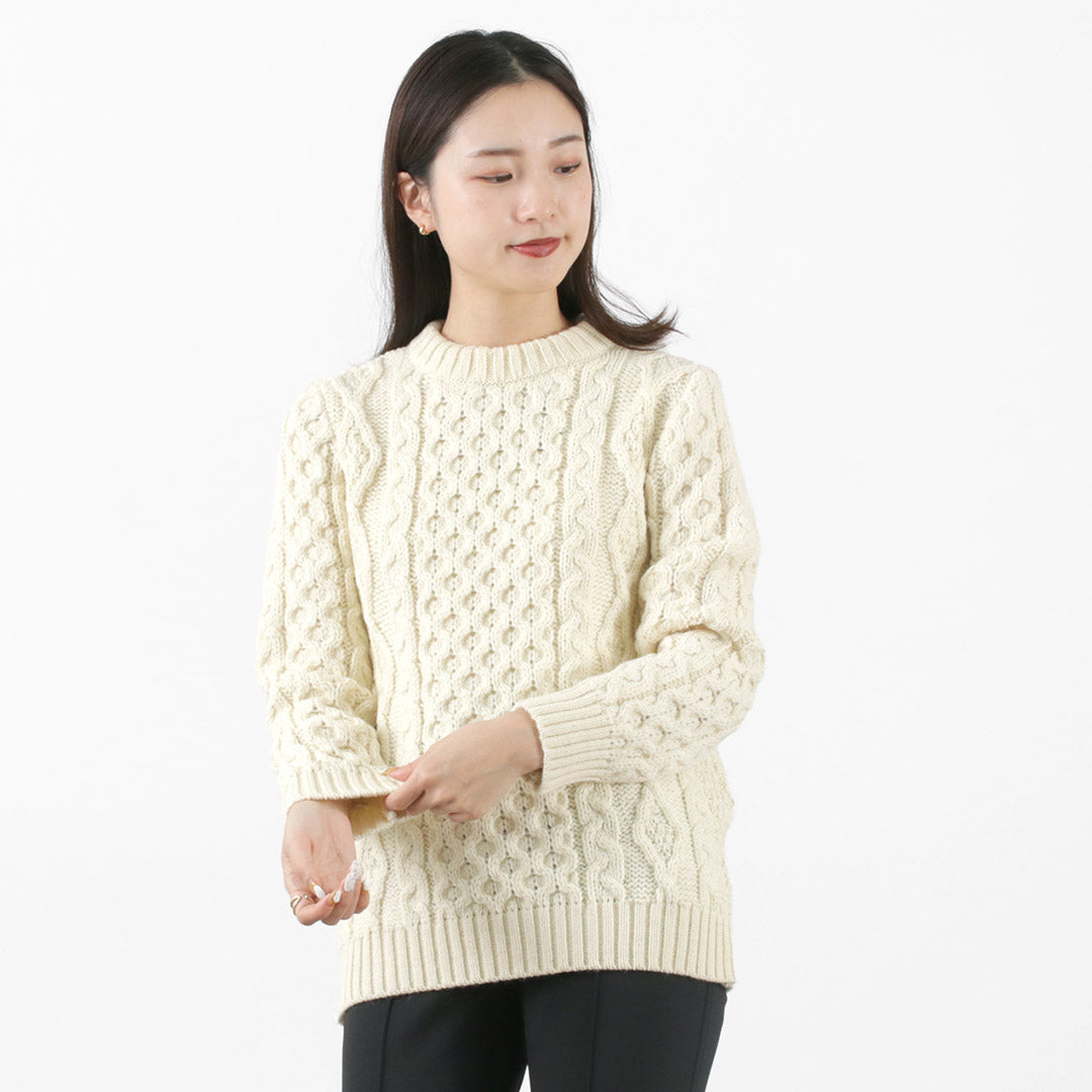 KERRY WOOLLEN MILLS / 5 gauge 3-ply aran cable crew neck heavy knit