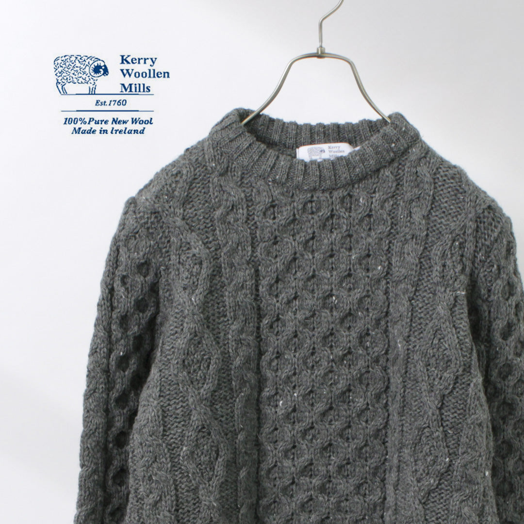 KERRY WOOLLEN MILLS / 5 gauge 3-ply aran cable crew neck heavy knit