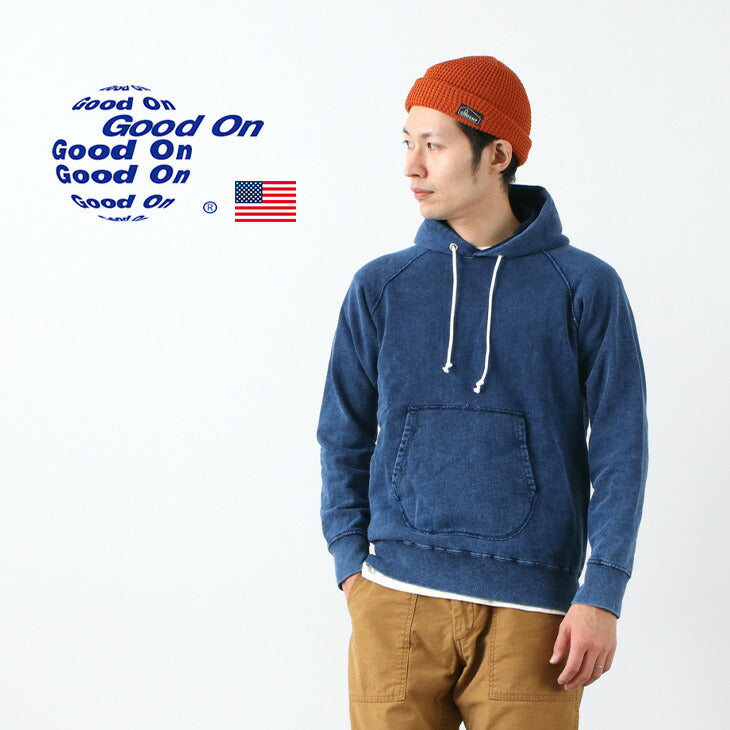 좋은 / gobw1203은 Indigo Raglan 풀오버 후드 스웨트 셔츠입니다.