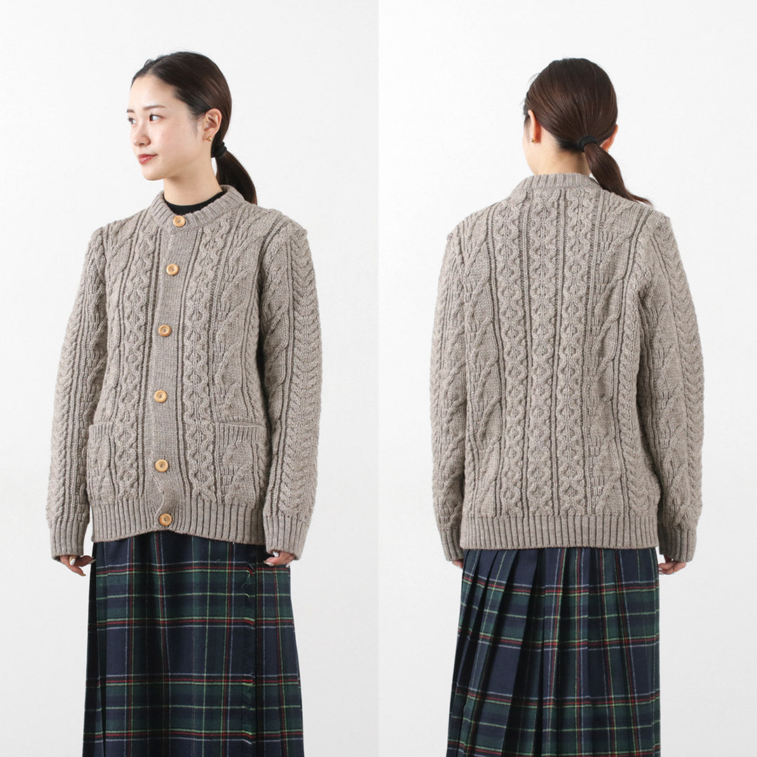 Kerry Woolen Mills / 5 게이지 3 Ply ARAN 케이블 Collarless 카디건