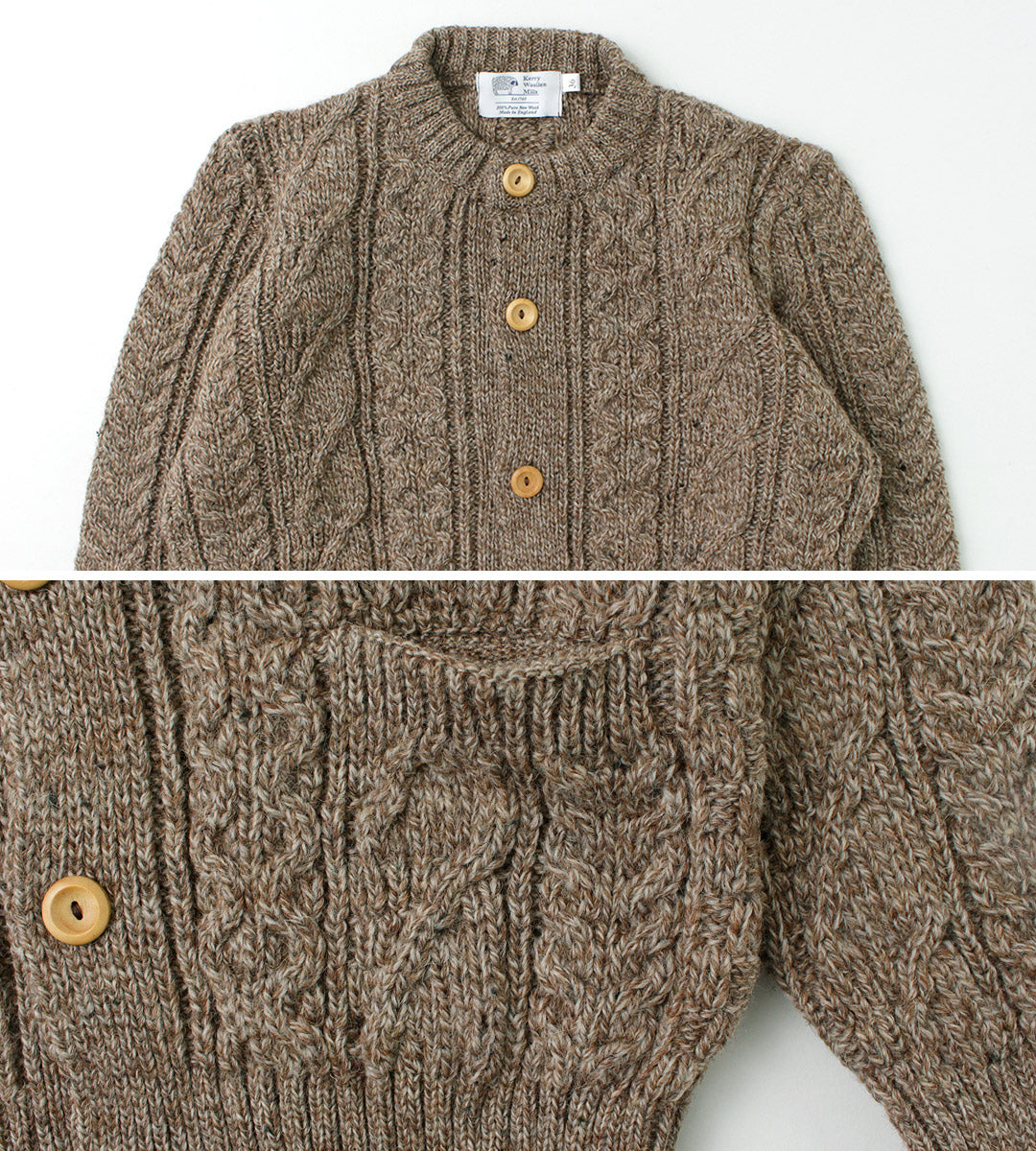 Kerry Woolen Mills / 5 게이지 3 Ply ARAN 케이블 Collarless 카디건