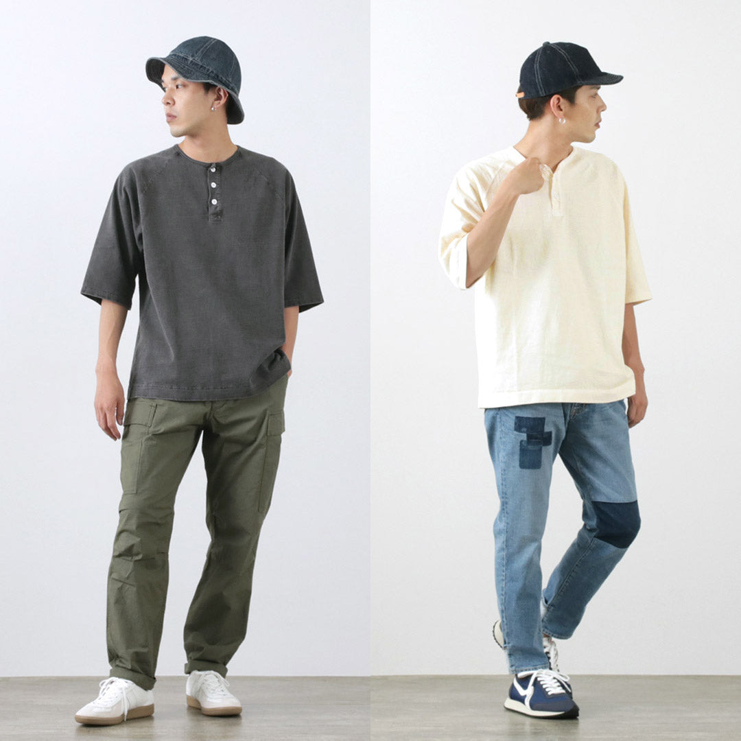 좋은 / 반 소매 무거운 레트로 헨리 넥 티셔츠