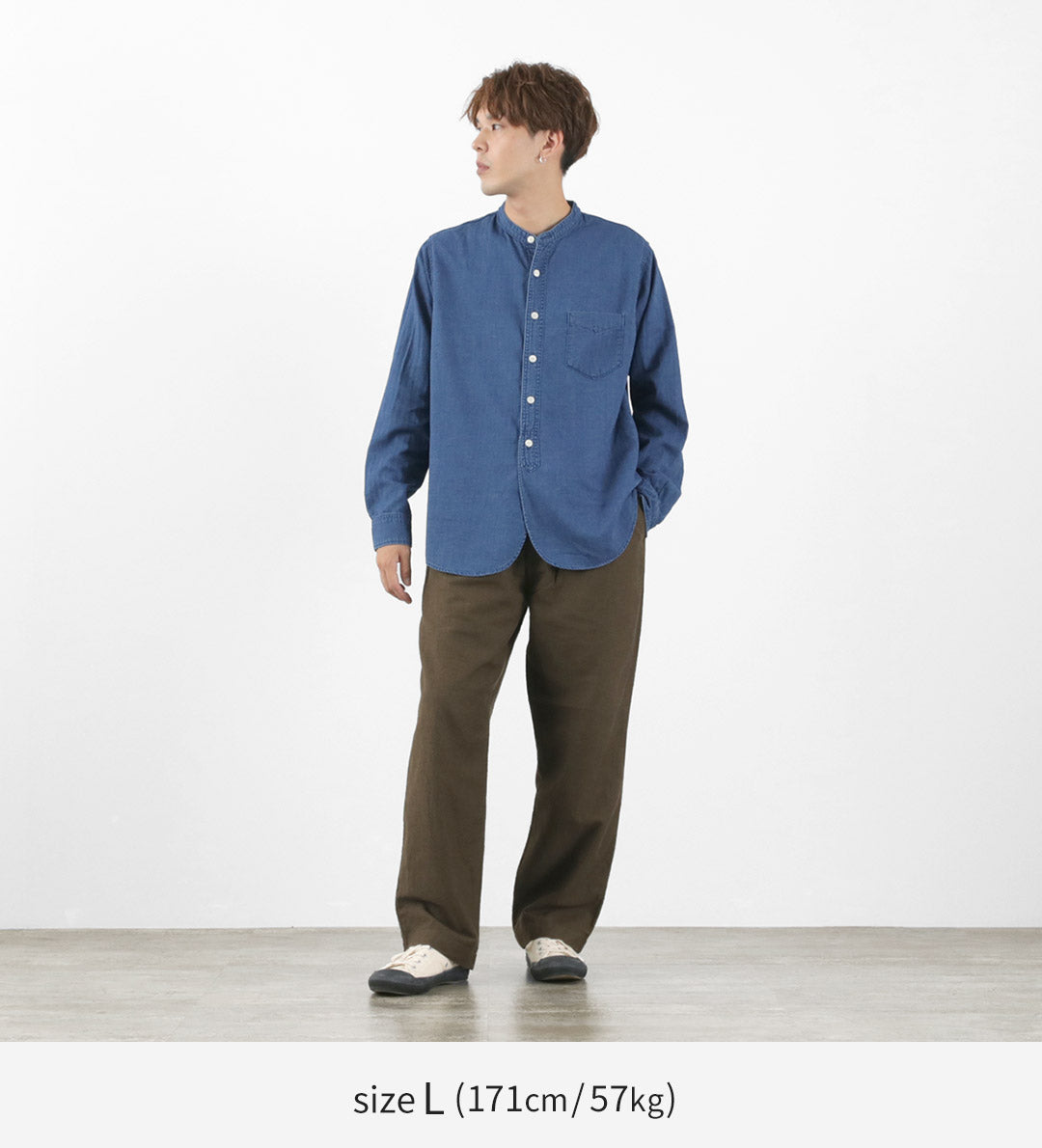 FOB FACTORY / F3486 INDIGO HERINGBORN BANDCOLLAR Shirt