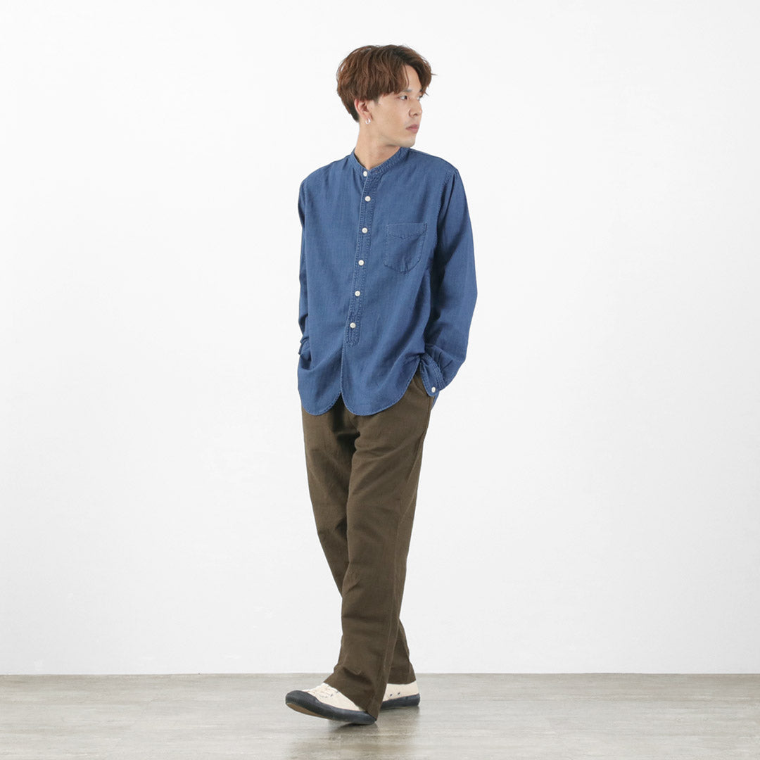 FOB FACTORY / F3486 INDIGO HERINGBORN BANDCOLLAR Shirt