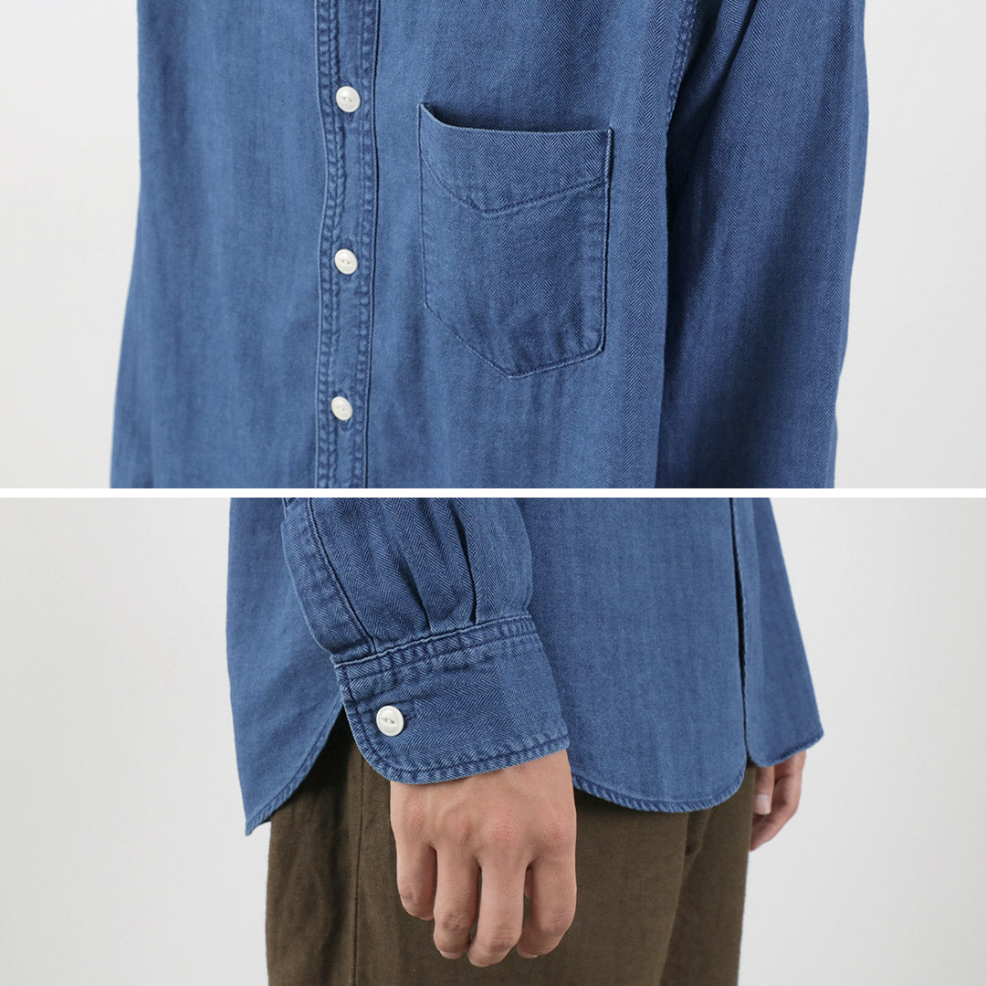 FOB FACTORY / F3486 INDIGO HERINGBORN BANDCOLLAR Shirt