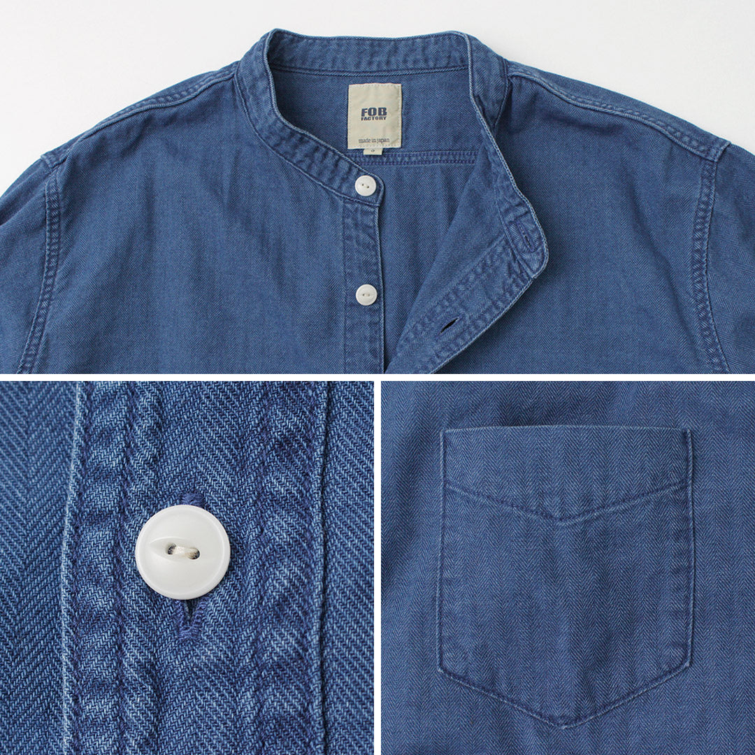 FOB FACTORY / F3486 INDIGO HERINGBORN BANDCOLLAR Shirt