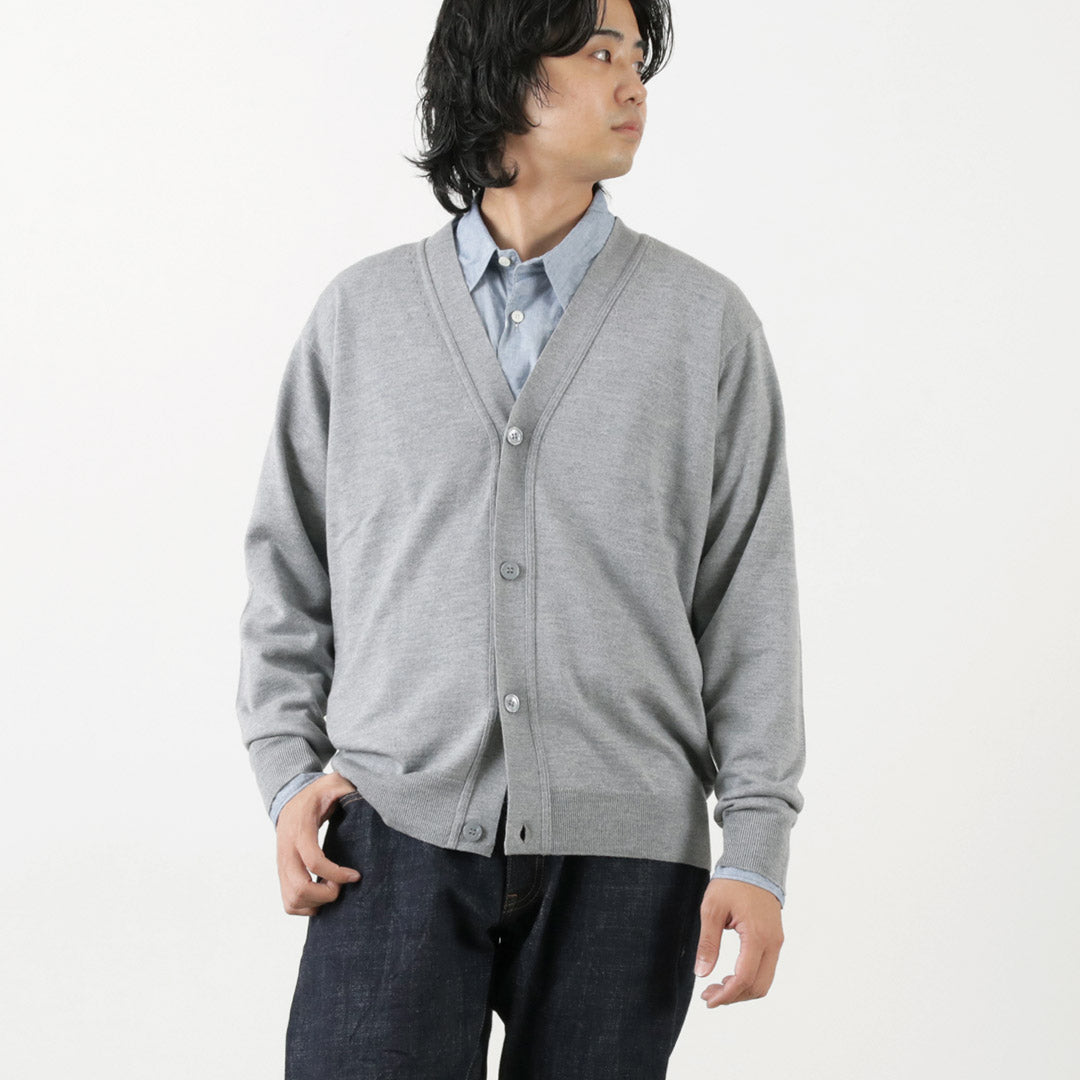 JOHN SMEDLEY / Merino Wool 24 Gauge V-Neck Knit Cardigan