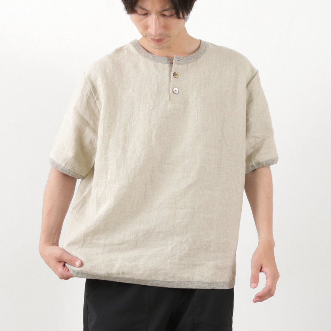 Re fait à Tokyo Japan / French Linen Henley Neck Neck T-shirt