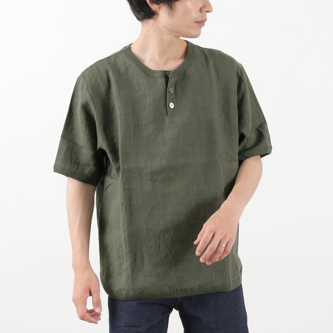 Re fait à Tokyo Japan / French Linen Henley Neck Neck T-shirt