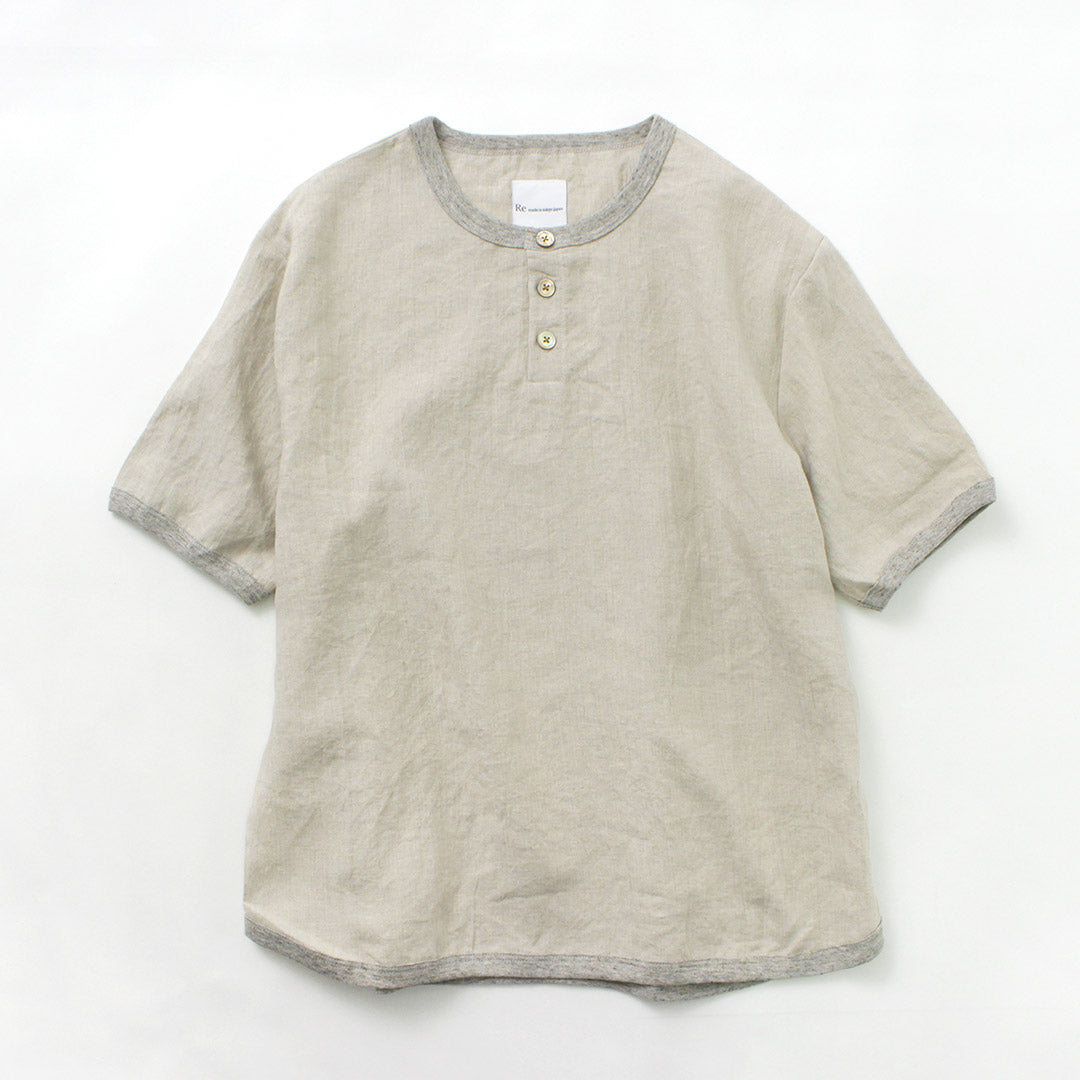 Re Hecha en Tokio Japón / Camiseta de Henley Neck Henley de lino francés