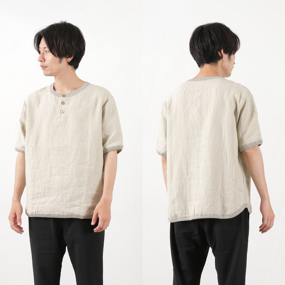 Re fait à Tokyo Japan / French Linen Henley Neck Neck T-shirt