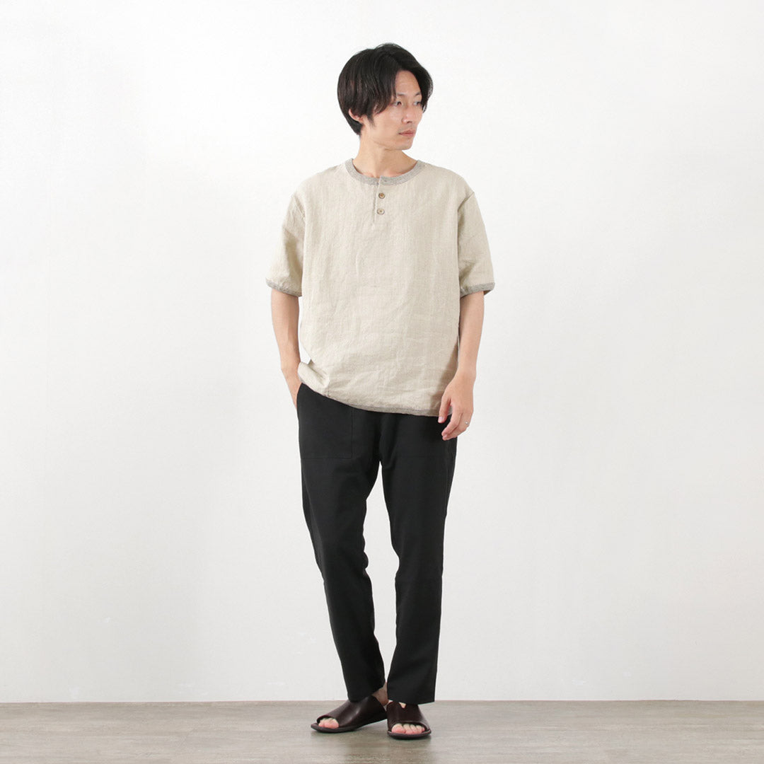 Re fait à Tokyo Japan / French Linen Henley Neck Neck T-shirt