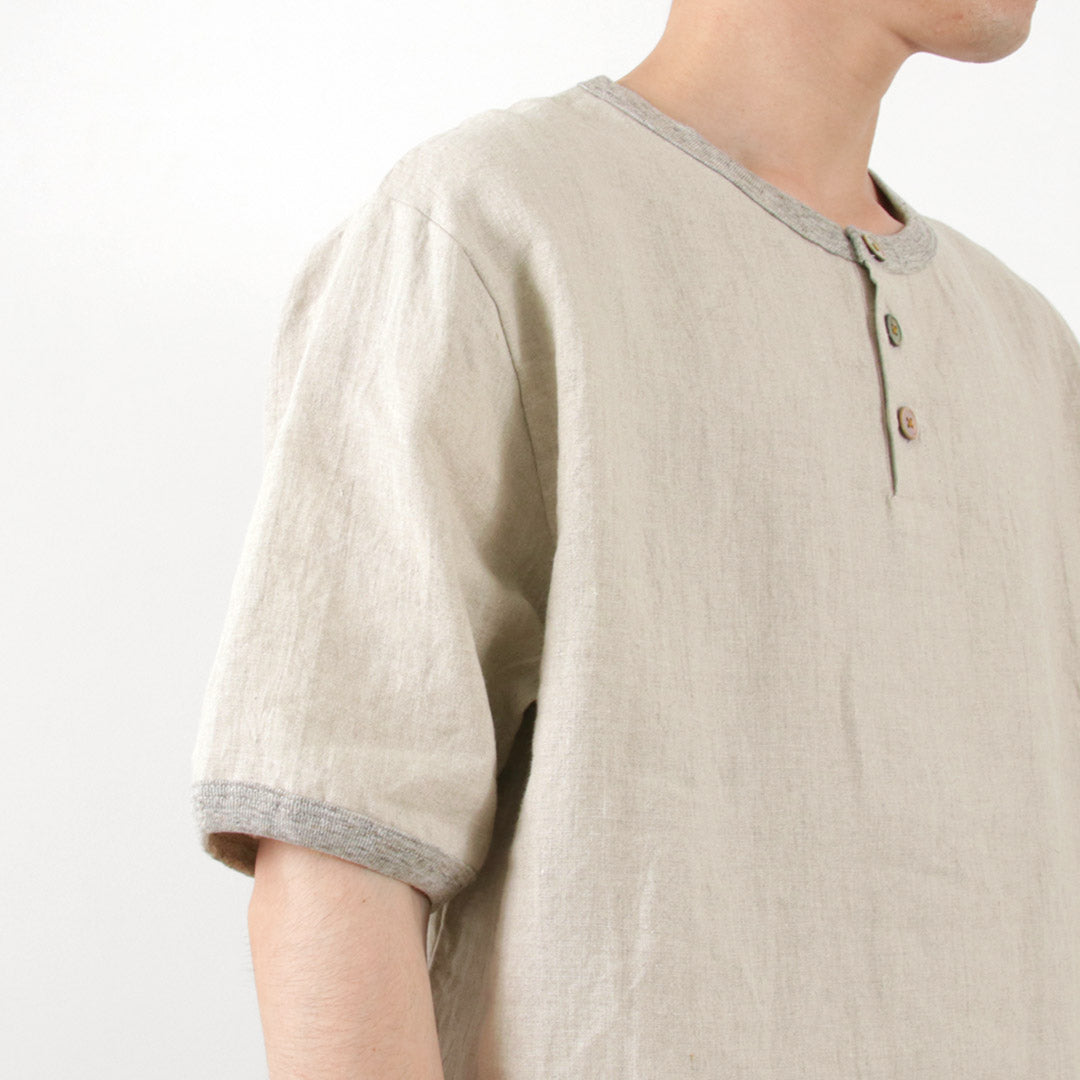 Re fait à Tokyo Japan / French Linen Henley Neck Neck T-shirt