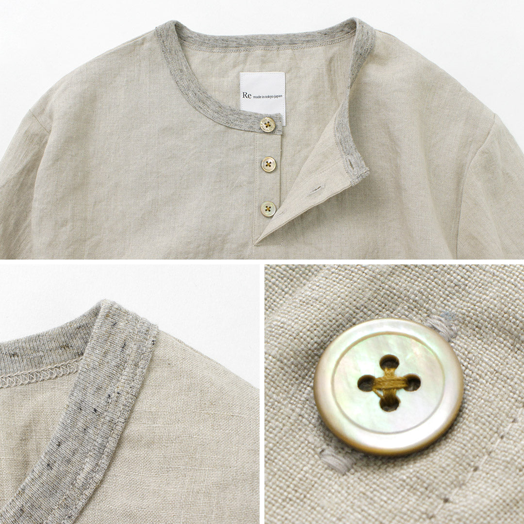 Re fait à Tokyo Japan / French Linen Henley Neck Neck T-shirt