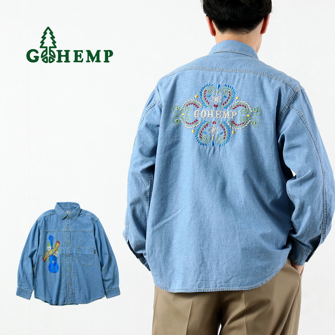 GOHEMP / Chemise de travail plissée brodée Chambray en coton chanvre