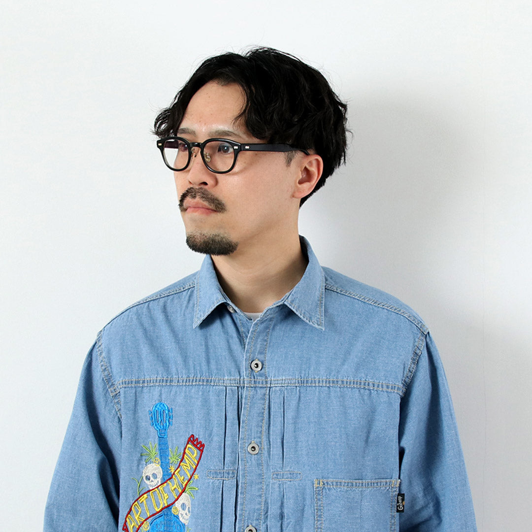 GOHEMP / Chemise de travail plissée brodée Chambray en coton chanvre