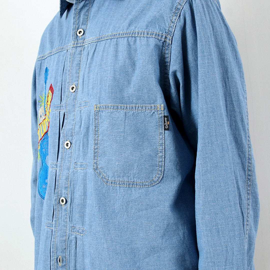 GOHEMP / Chemise de travail plissée brodée Chambray en coton chanvre