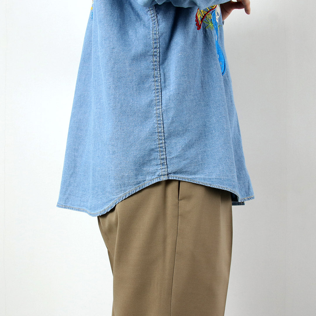 GOHEMP / Chemise de travail plissée brodée Chambray en coton chanvre